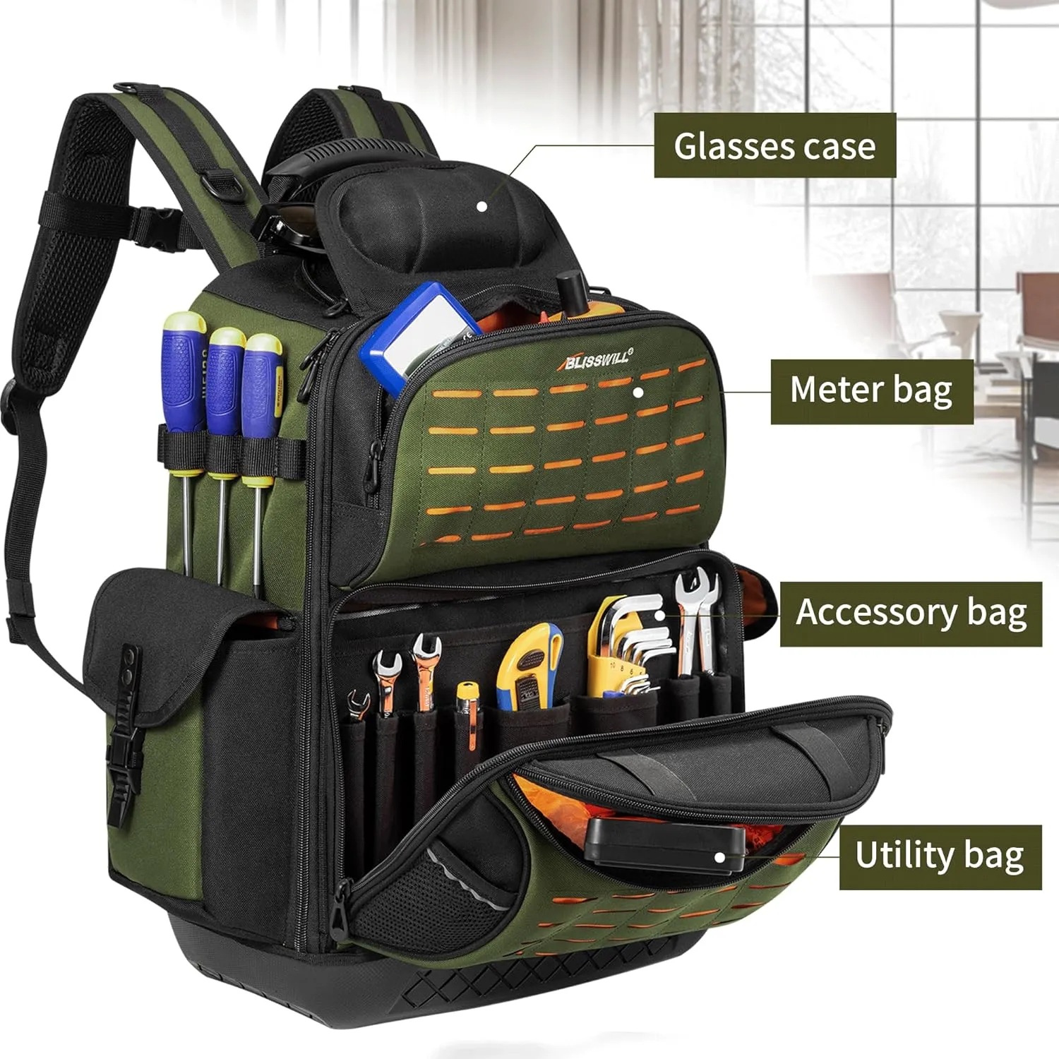 BLISSWILL Tool Bag Backpack for men,Heavy Duty Tool Backpack Bag with Waterproof Molded Base，62 Pockets/40 Loops Heavy Duty Tools Organizer Bags/Electrician/Industrial/Construction Work Backpack