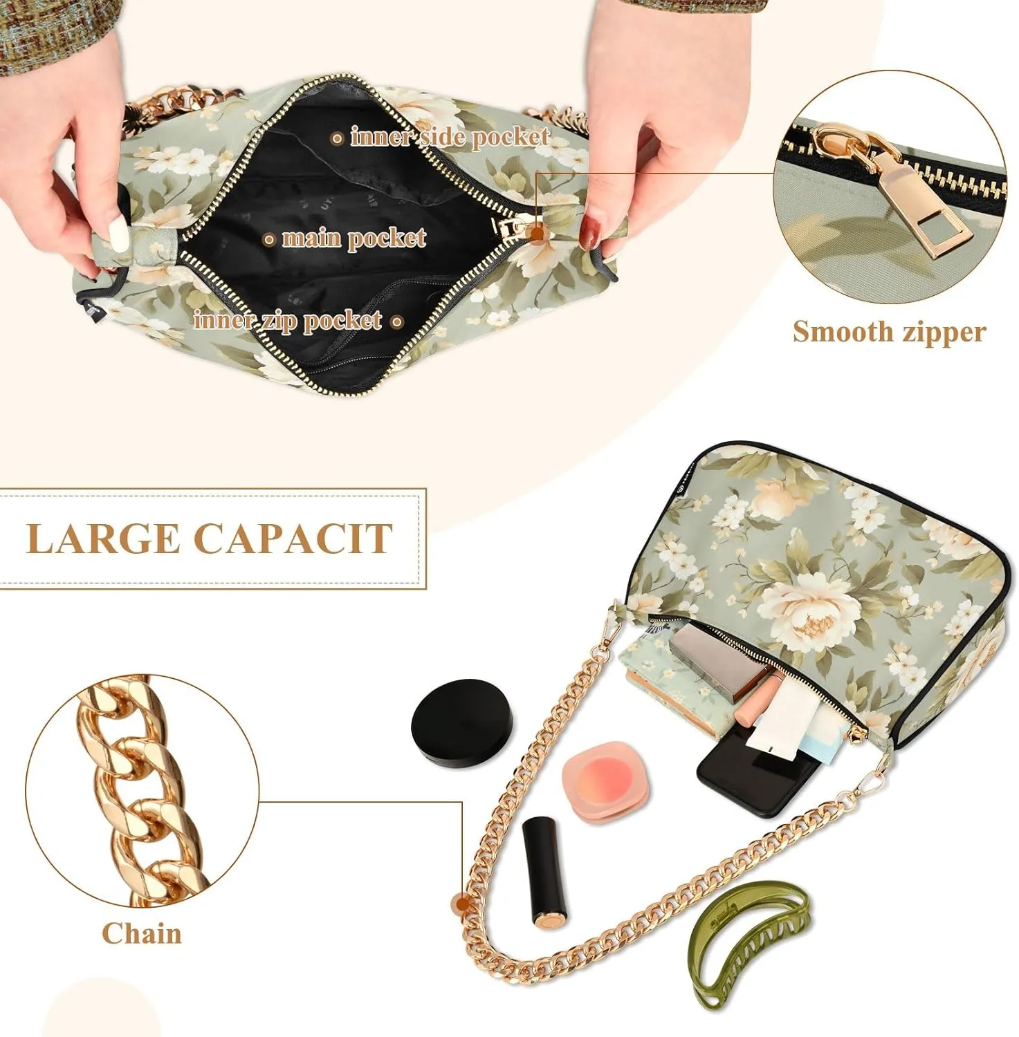 Blooming White Daisies Flowers Clutch Shoulder Bag for Women, Hobo Tote Handbag with Gold Chain