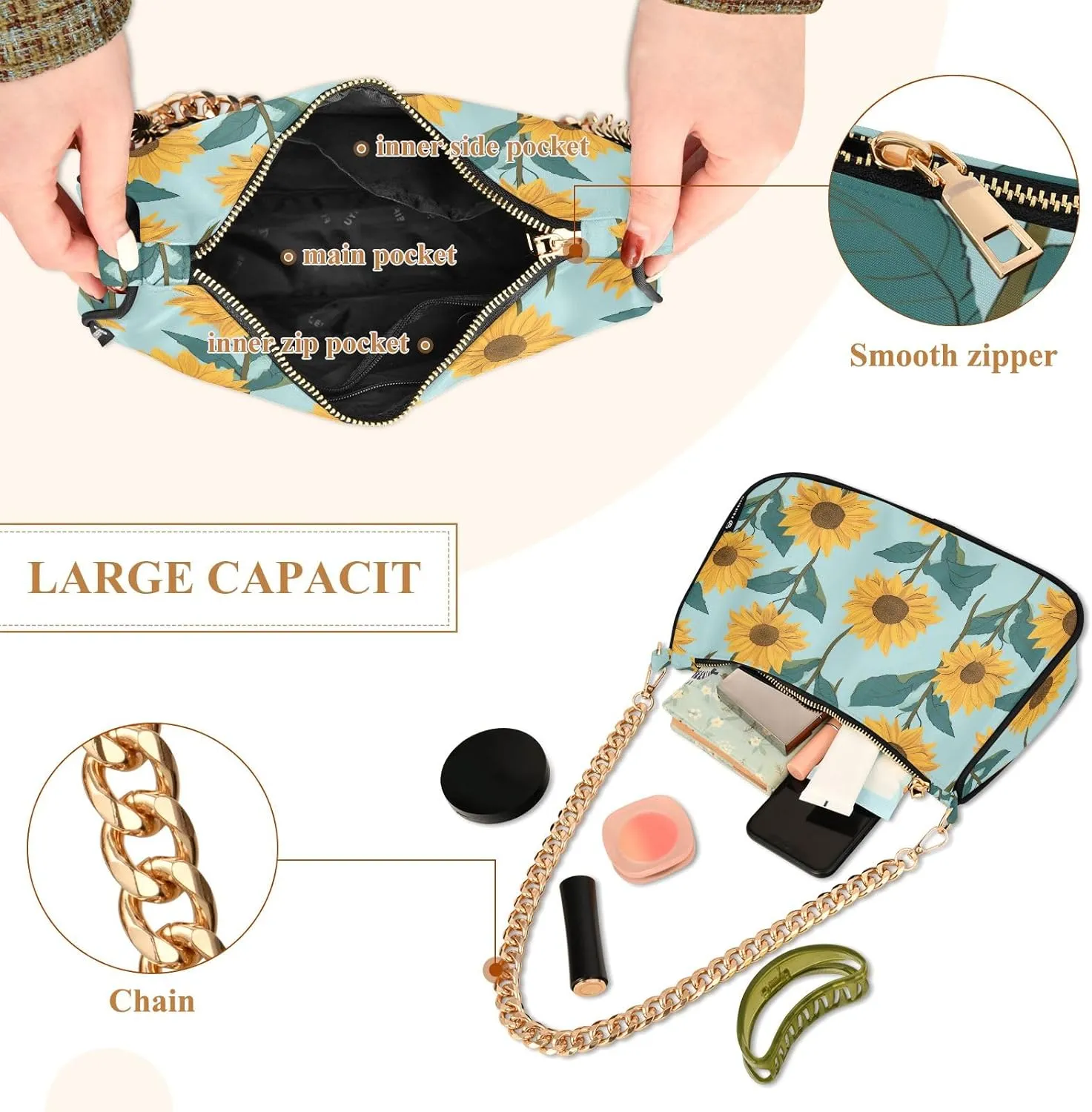 Blooming White Daisies Flowers Clutch Shoulder Bag for Women, Hobo Tote Handbag with Gold Chain
