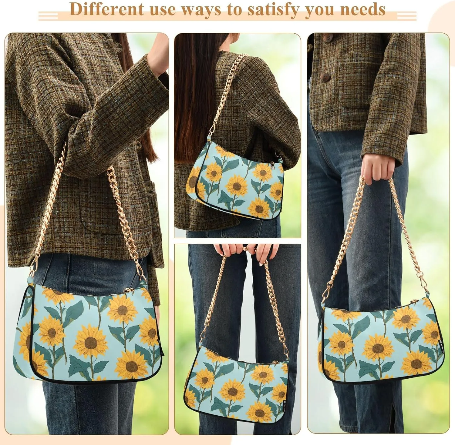 Blooming White Daisies Flowers Clutch Shoulder Bag for Women, Hobo Tote Handbag with Gold Chain