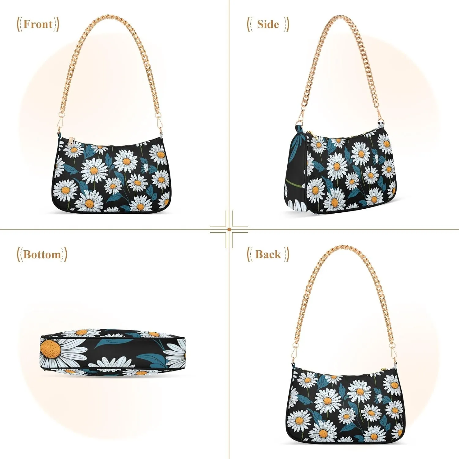 Blooming White Daisies Flowers Clutch Shoulder Bag for Women, Hobo Tote Handbag with Gold Chain