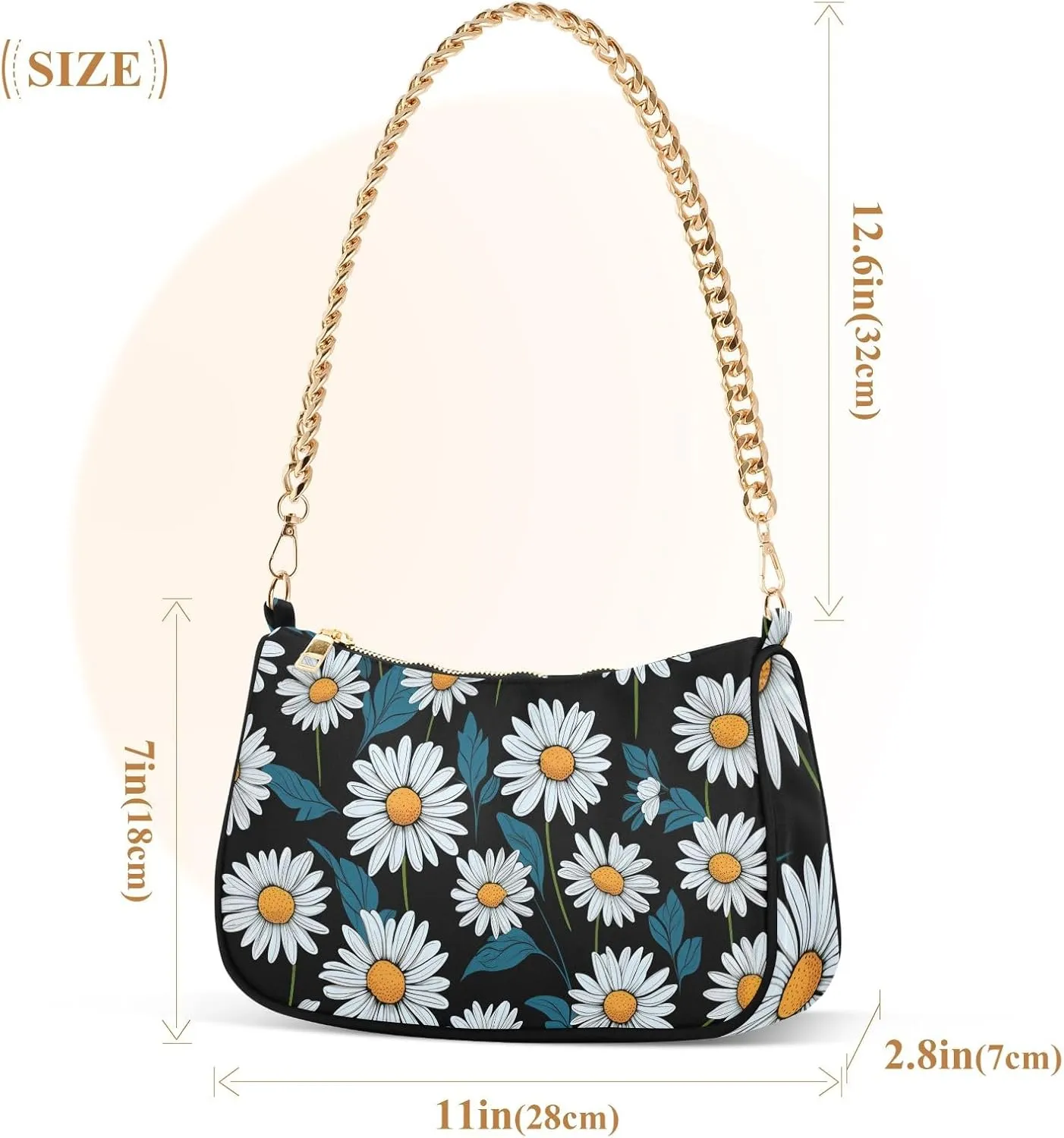Blooming White Daisies Flowers Clutch Shoulder Bag for Women, Hobo Tote Handbag with Gold Chain