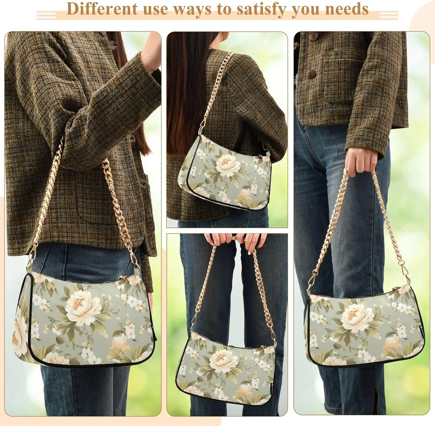 Blooming White Daisies Flowers Clutch Shoulder Bag for Women, Hobo Tote Handbag with Gold Chain
