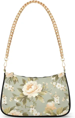 Blooming White Daisies Flowers Clutch Shoulder Bag for Women, Hobo Tote Handbag with Gold Chain