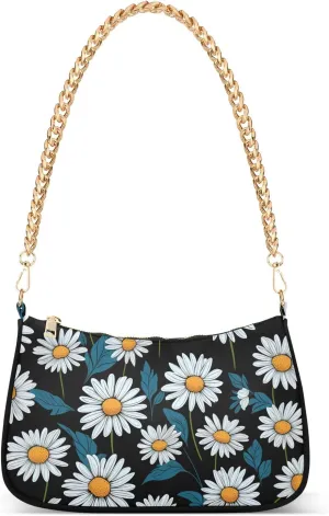Blooming White Daisies Flowers Clutch Shoulder Bag for Women, Hobo Tote Handbag with Gold Chain