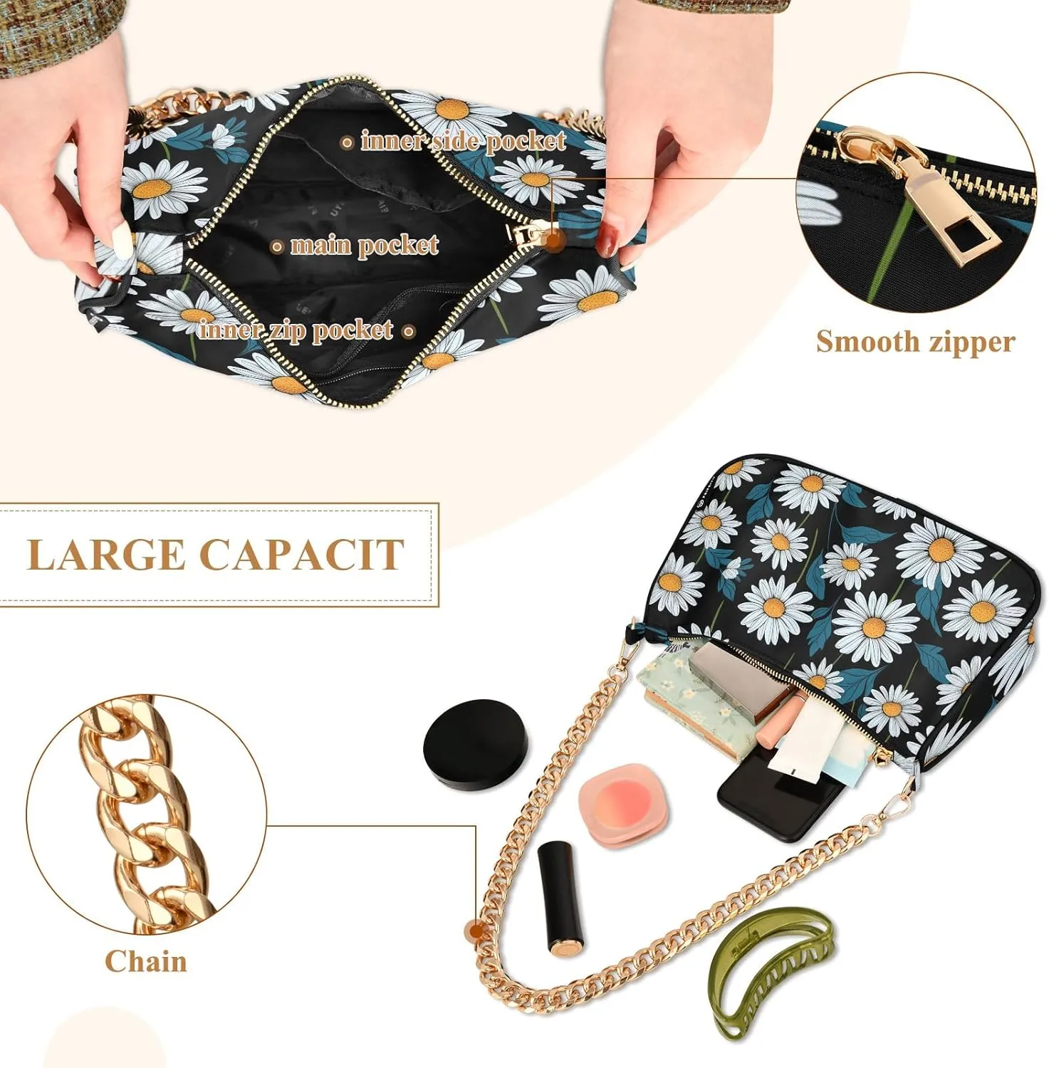 Blooming White Daisies Flowers Clutch Shoulder Bag for Women, Hobo Tote Handbag with Gold Chain