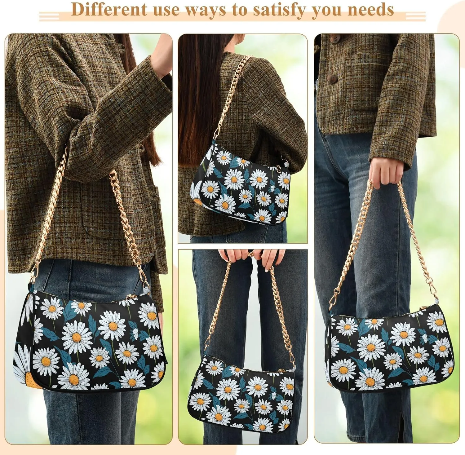 Blooming White Daisies Flowers Clutch Shoulder Bag for Women, Hobo Tote Handbag with Gold Chain