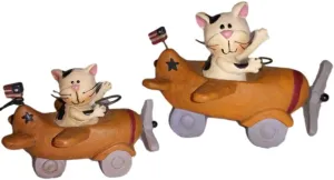 Blossom Bucket Patriotic Black & White Cats in Airplane USA Flag S/2 Resin Figurine