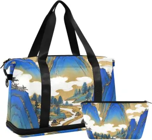 Blue and Gold Chinese Landscape Duffel Bag Gym Sports Carry with Toiletry Bag for Trekking 2 Pcs Set