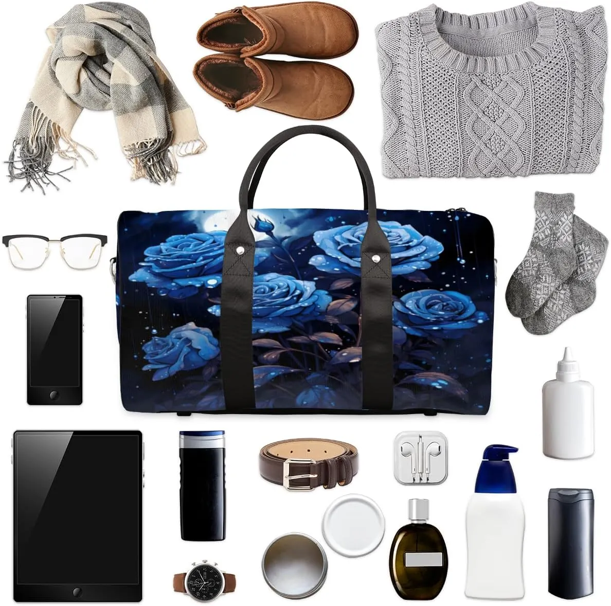 Blue Flower Travel Duffle Bag, Sports Gym Bags for Women Men, Carry On Weekender Overnight Workout Airplane Trips Bag