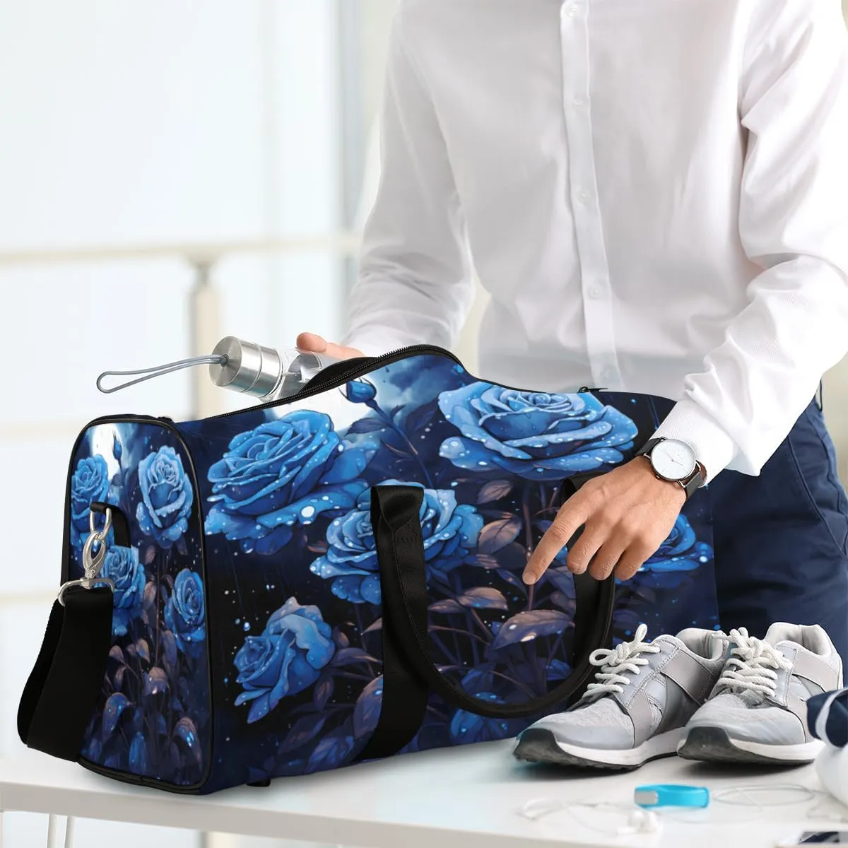 Blue Flower Travel Duffle Bag, Sports Gym Bags for Women Men, Carry On Weekender Overnight Workout Airplane Trips Bag