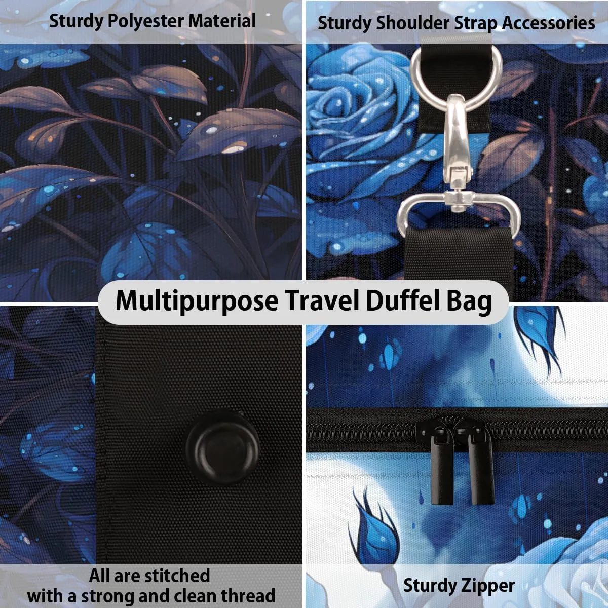 Blue Flower Travel Duffle Bag, Sports Gym Bags for Women Men, Carry On Weekender Overnight Workout Airplane Trips Bag