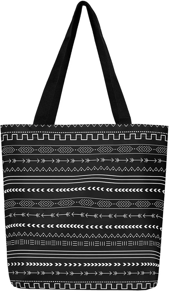 Boho Floral Canvas Tote Bag for Women,Aztec Dahlia Large Shoulder Bag,Watercolor Flowers Reusable Cloth Cotton Bags
