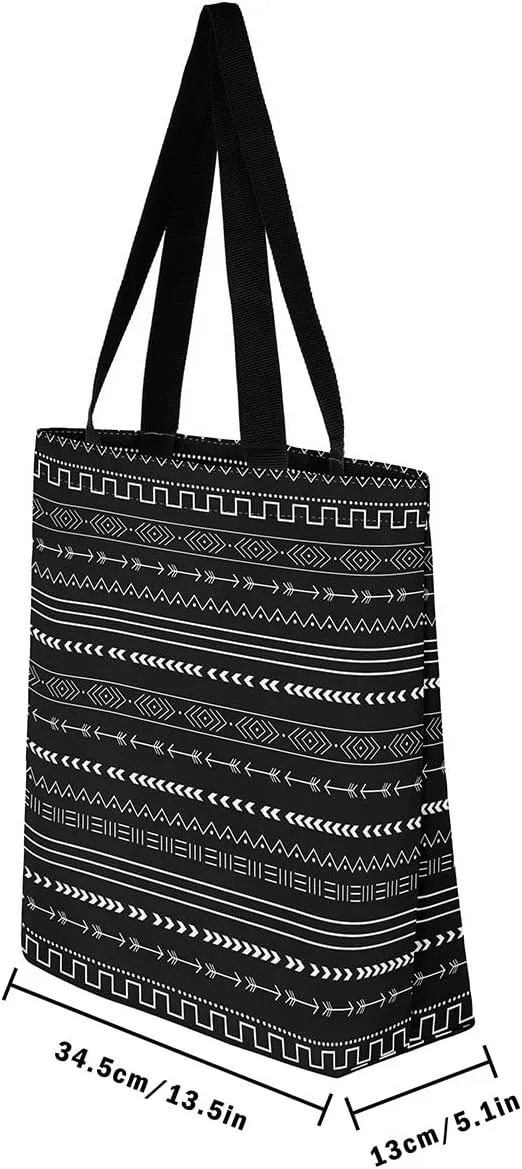 Boho Floral Canvas Tote Bag for Women,Aztec Dahlia Large Shoulder Bag,Watercolor Flowers Reusable Cloth Cotton Bags