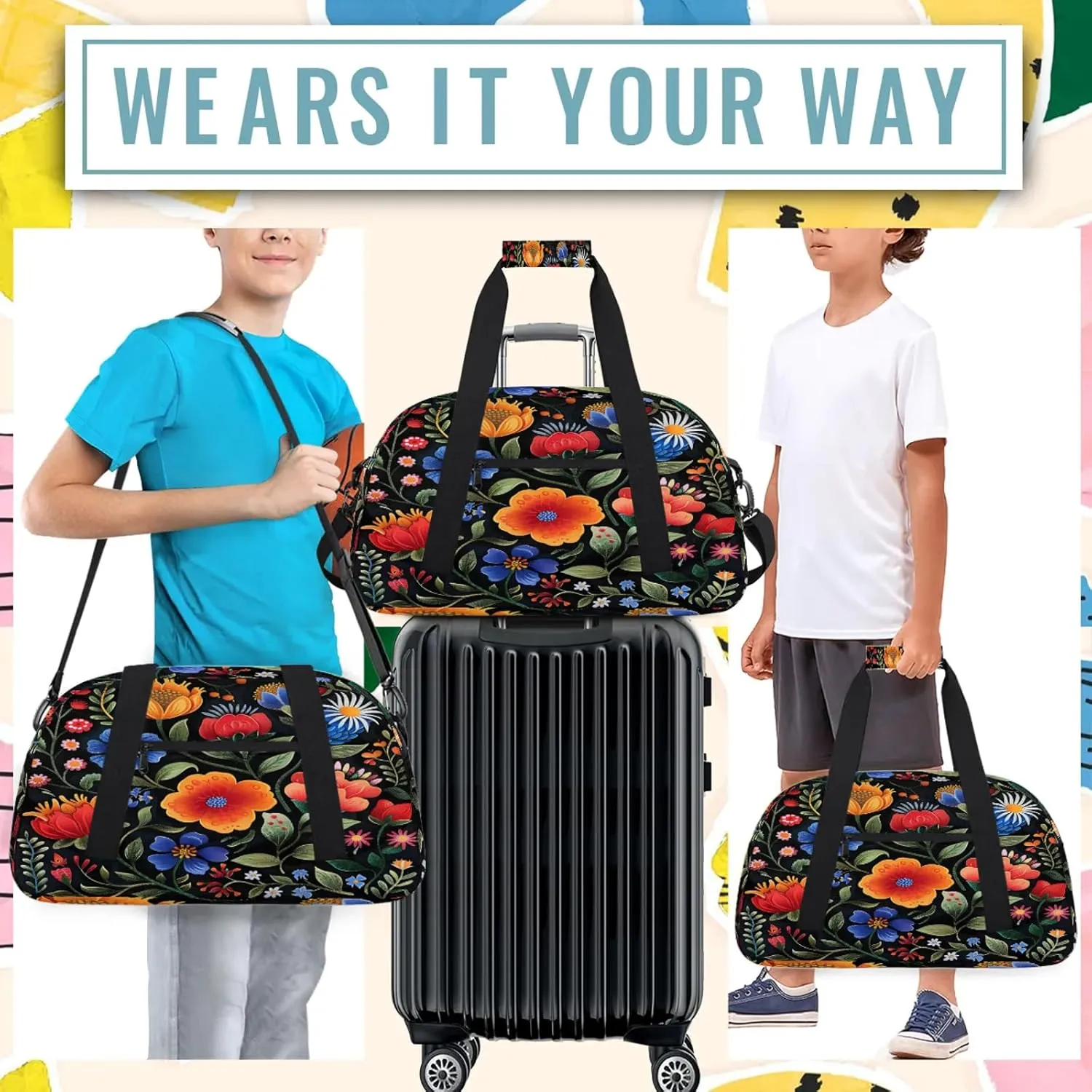 Boho Flower Small Gym Bag 18 inch Carry On Duffel Bag for Weekender Travel Sports Workout Yoga Gymnastics Dance Ballet