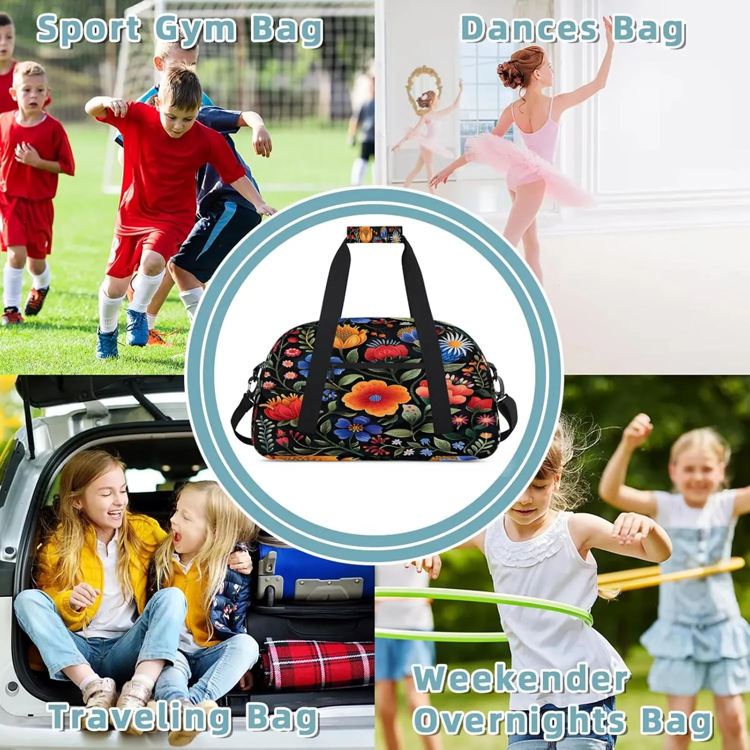 Boho Flower Small Gym Bag 18 inch Carry On Duffel Bag for Weekender Travel Sports Workout Yoga Gymnastics Dance Ballet