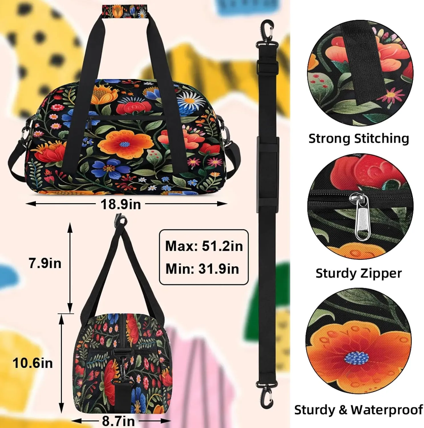 Boho Flower Small Gym Bag 18 inch Carry On Duffel Bag for Weekender Travel Sports Workout Yoga Gymnastics Dance Ballet
