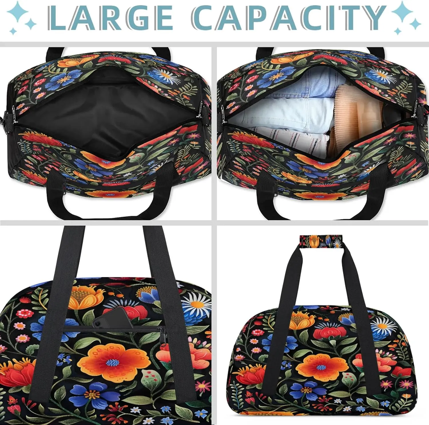 Boho Flower Small Gym Bag 18 inch Carry On Duffel Bag for Weekender Travel Sports Workout Yoga Gymnastics Dance Ballet