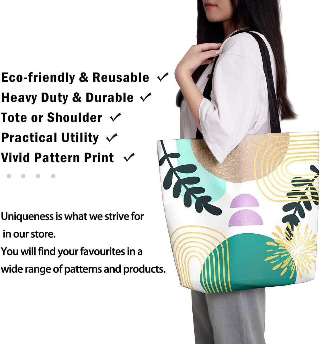 Boho Mid Century Canvas Tote Bag for Women,Abstract Geometric Handbag,Modern Minimalist Travel Shopping Bag