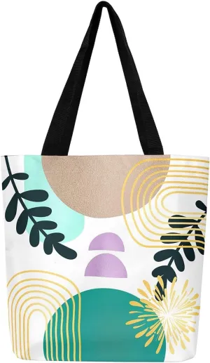 Boho Mid Century Canvas Tote Bag for Women,Abstract Geometric Handbag,Modern Minimalist Travel Shopping Bag