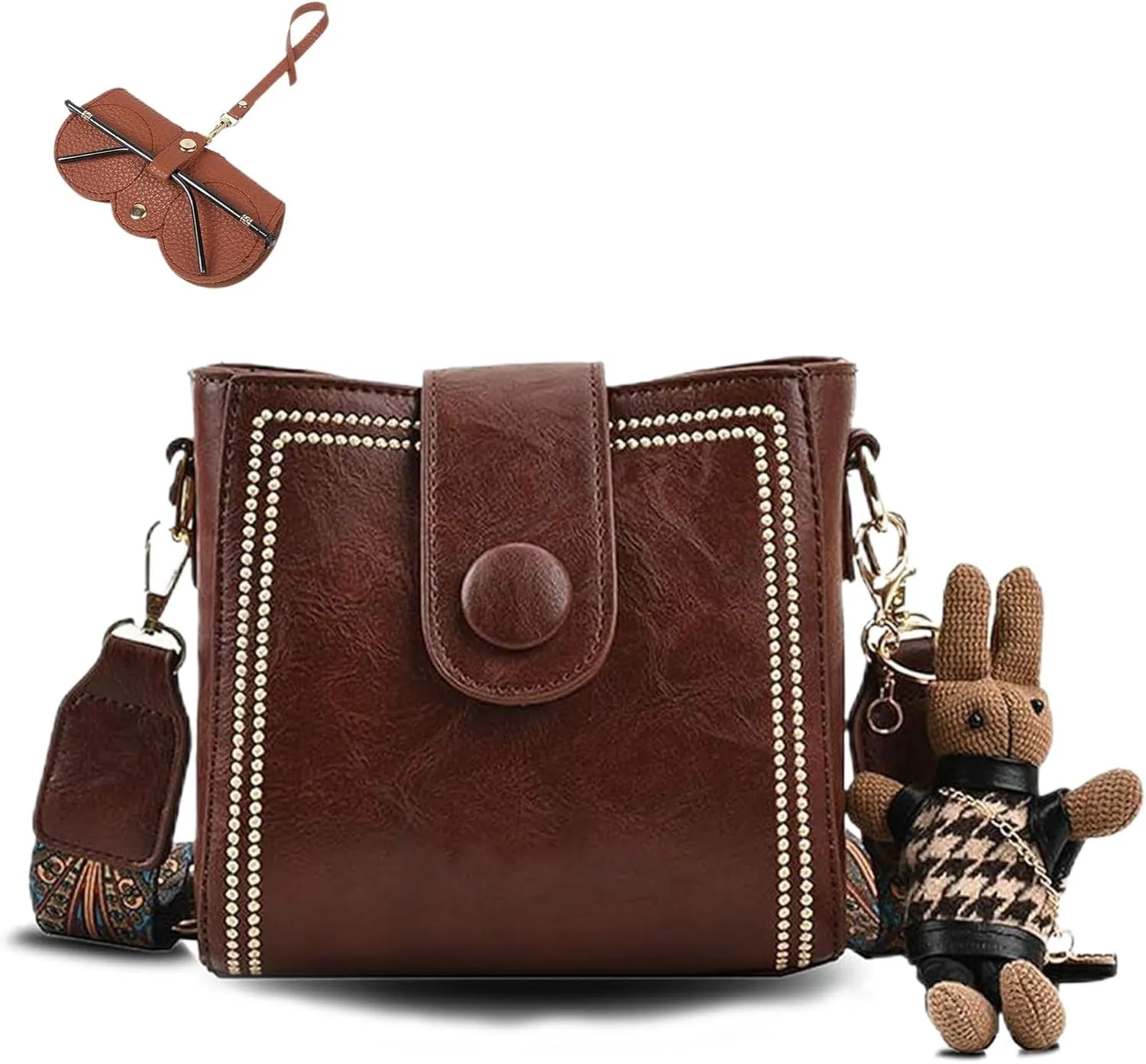Bootara Bucket Bag, Vintage Fashion Bag with Adjustable Wider Shoulder Strap for Women with Cute Rabbit Pendant
