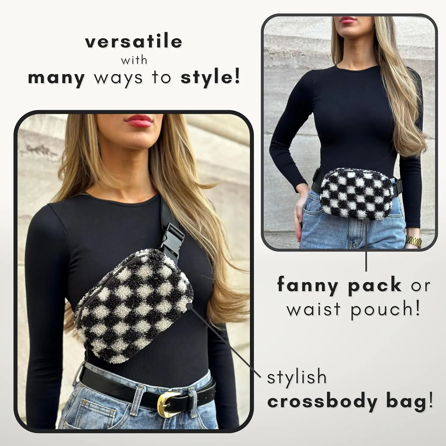 Boutique Fleece Belt Bag | Sherpa Checkered Crossbody Bag Fanny Pack for Women Fashionable | Cute Everywhere Waist Pack | Small Fashion Bag | Gold Accessories | Adjustable Small Strap | Black Checker