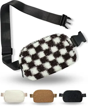 Boutique Fleece Belt Bag | Sherpa Checkered Crossbody Bag Fanny Pack for Women Fashionable | Cute Everywhere Waist Pack | Small Fashion Bag | Gold Accessories | Adjustable Small Strap | Black Checker
