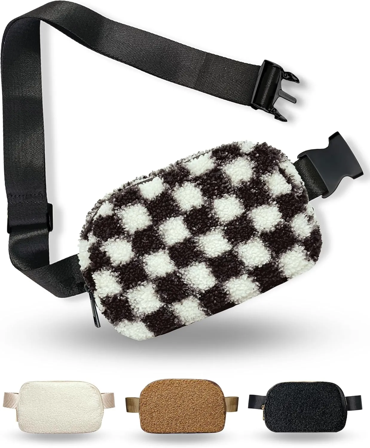Boutique Fleece Belt Bag | Sherpa Checkered Crossbody Bag Fanny Pack for Women Fashionable | Cute Everywhere Waist Pack | Small Fashion Bag | Gold Accessories | Adjustable Small Strap | Black Checker