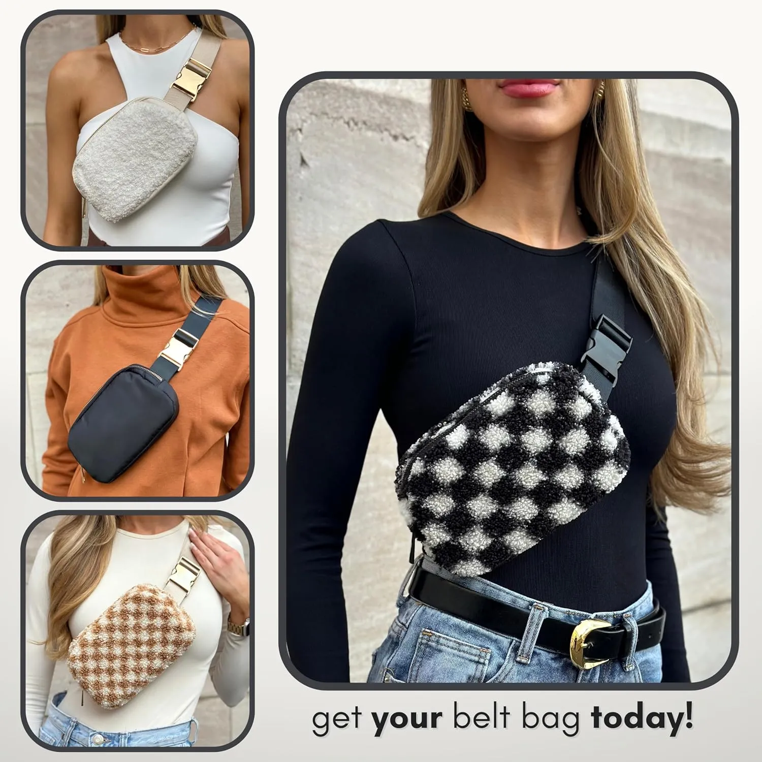 Boutique Fleece Belt Bag | Sherpa Checkered Crossbody Bag Fanny Pack for Women Fashionable | Cute Everywhere Waist Pack | Small Fashion Bag | Gold Accessories | Adjustable Small Strap | Black Checker