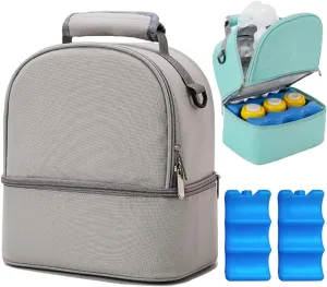 Breastmilk Bottles Cooler Bag with Ice Pack,Nylon Breast Pump Bag Backpack with Cooler Compartment,Fits 6 Bottles Up to 9 Ounces,Double Layer Breast Pump Carrying Bag for Nursing Moms，Grey