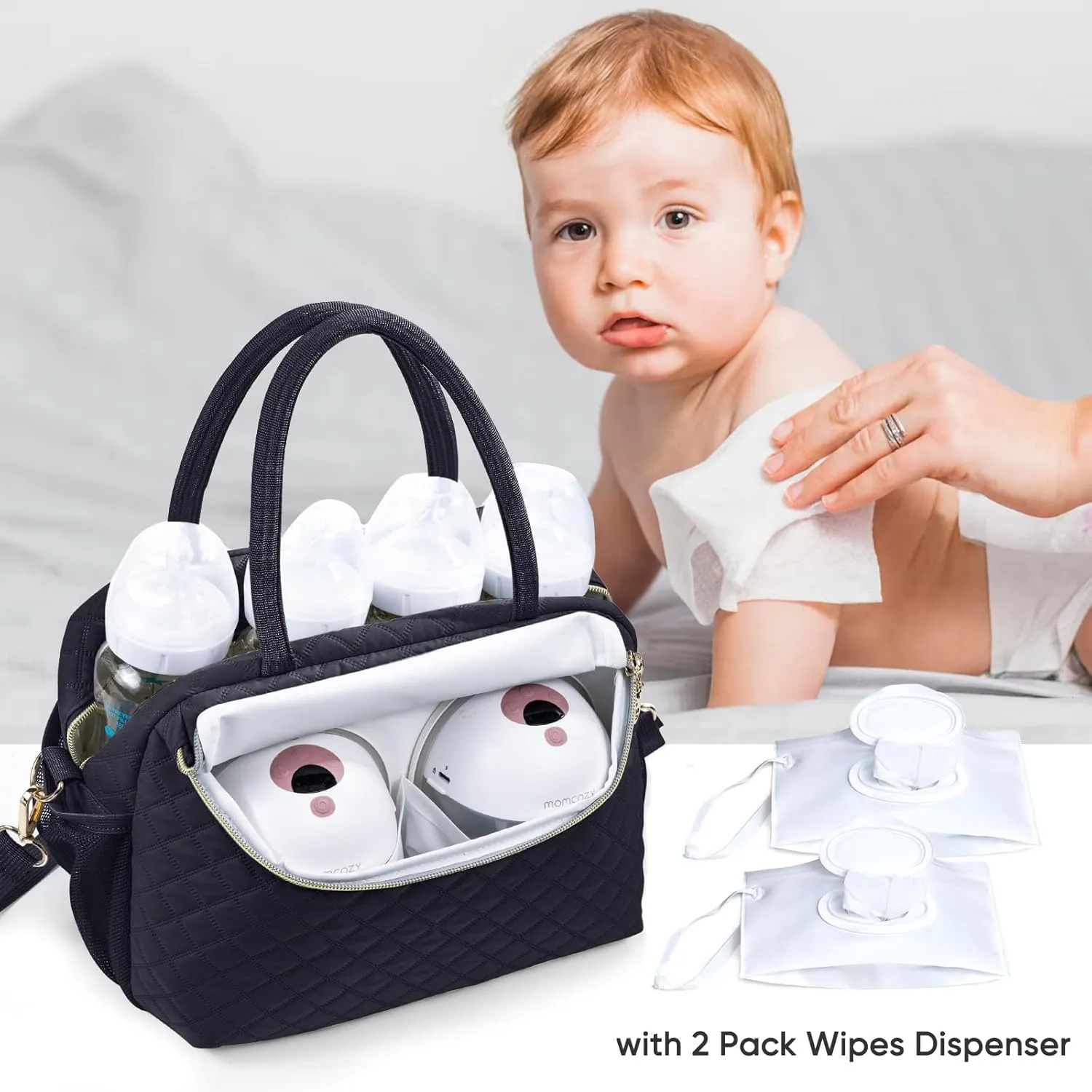 Breastmilk Cooler Travel Bag with 2pcs Wipes Dispensers and Ice Pack -Baby Bottle Cooler Bag for 6 Baby Bottles Up to 9 Ounce - Breast Pump Bag, Breastmilk Storage Bag, Bottle bag for Daycare