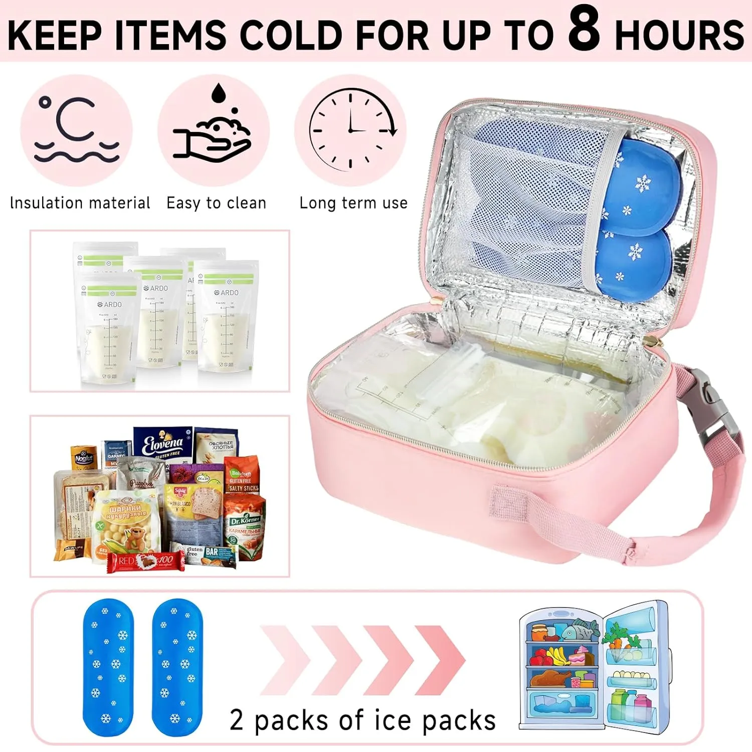 Breastmilk Cooler Travel bag with Ice Pack,Portable Breastmilk Cooler Bag with Buckle Handle,Insulated Breastmilk Storage Bag Cooler,Pink
