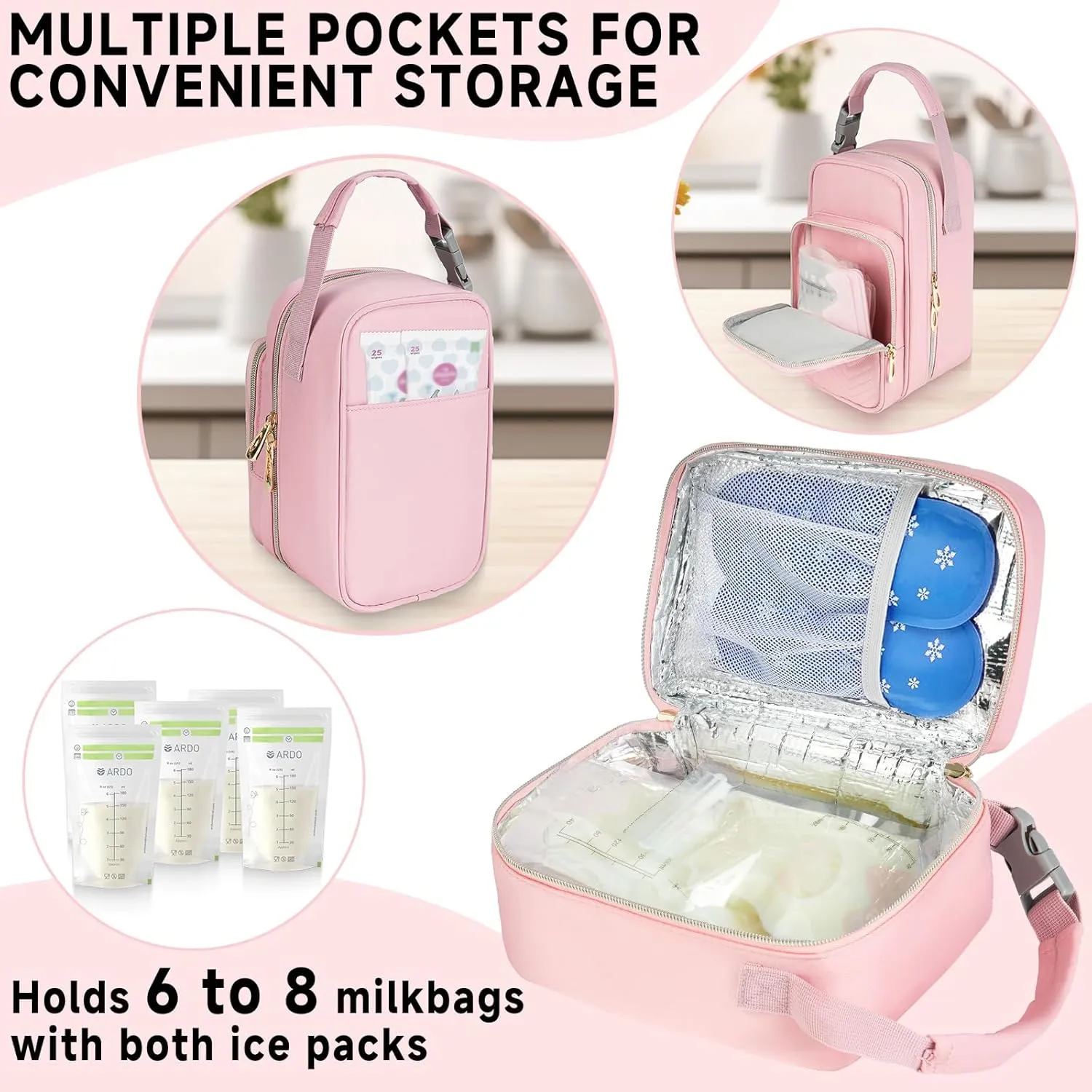Breastmilk Cooler Travel bag with Ice Pack,Portable Breastmilk Cooler Bag with Buckle Handle,Insulated Breastmilk Storage Bag Cooler,Pink
