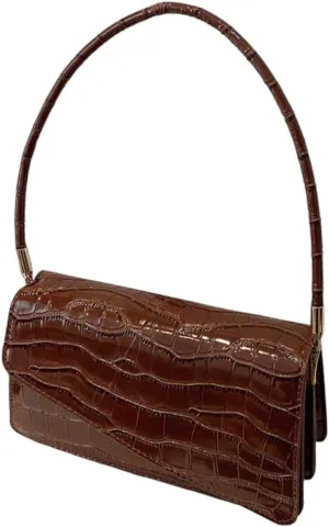 Brown Faux Crocodile Print Hobo Shoulder Bag, 3.1 x 9.4 x 5.3 inches
