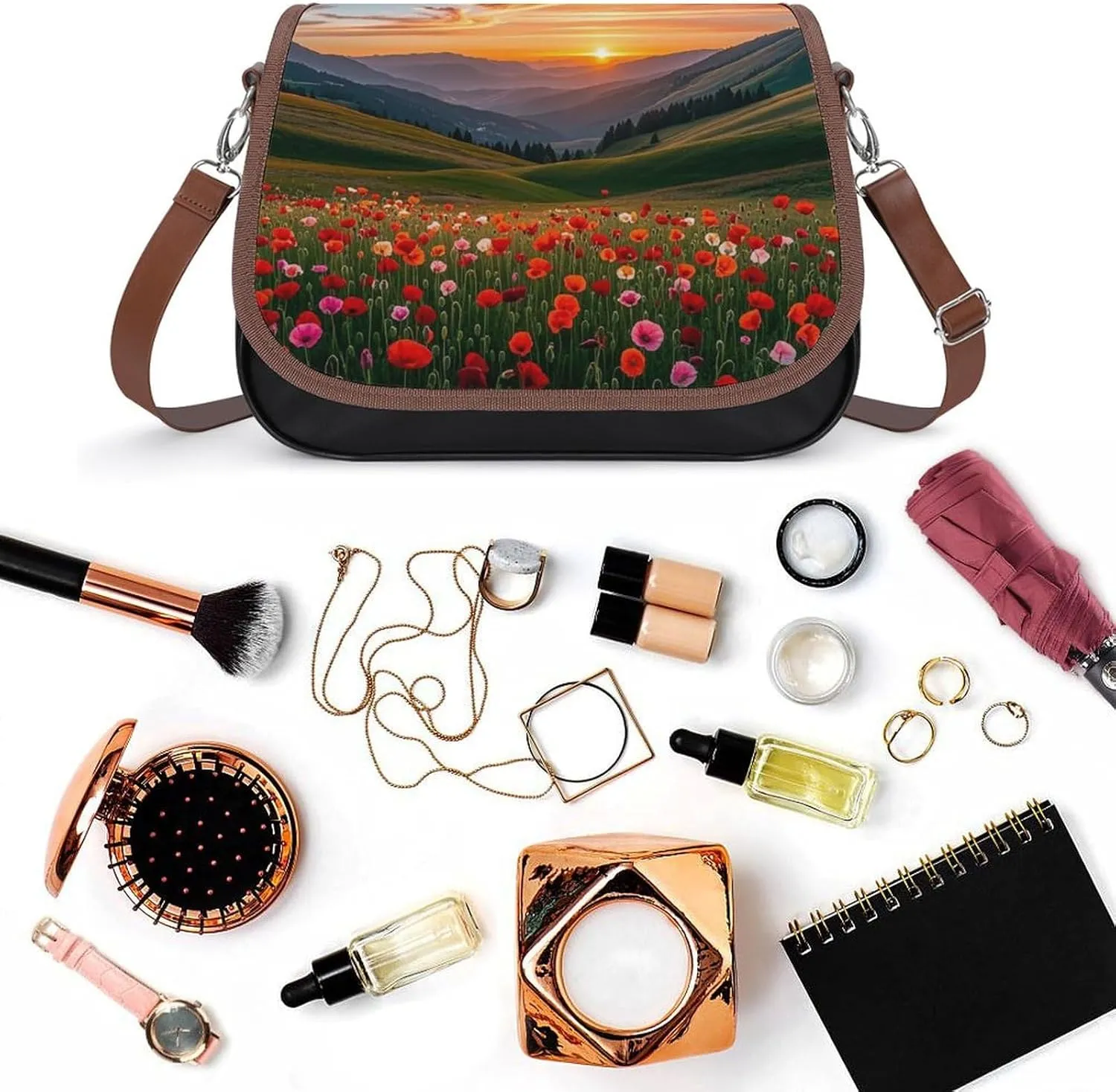 Brown Ginkgo Leaves Crossbody Bags for Women Travel Shoulder Bag Small Leather Cross Body Handbags