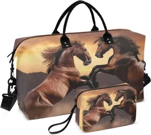 Brown Horses Sunset Travel Duffel Bags with Toiletry Bag Weekender Bag for Carry on Sports Gym Bags for Gym Yoga Sports