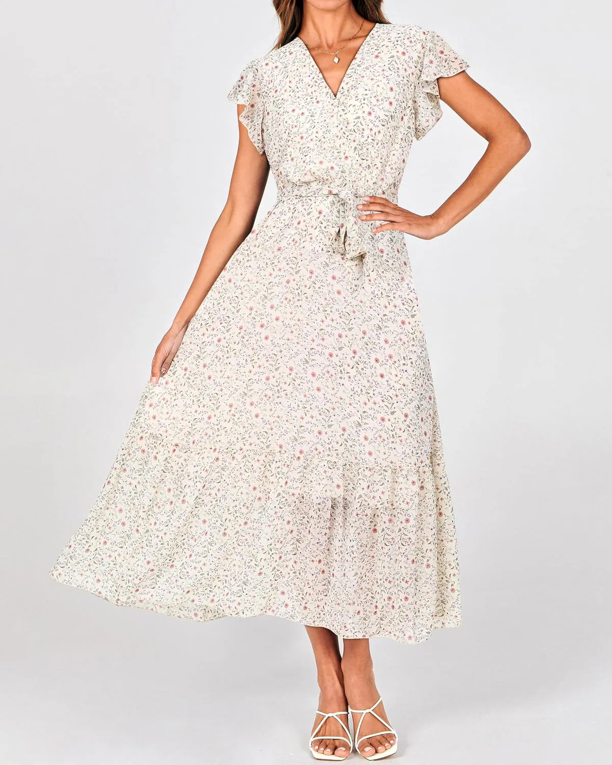 BTFBM Women Summer Bohemian Floral Casual Wrap V Neck Ruffle Cap Sleeveless Belt A-Line Pleated Hem Midi Sun Dress White