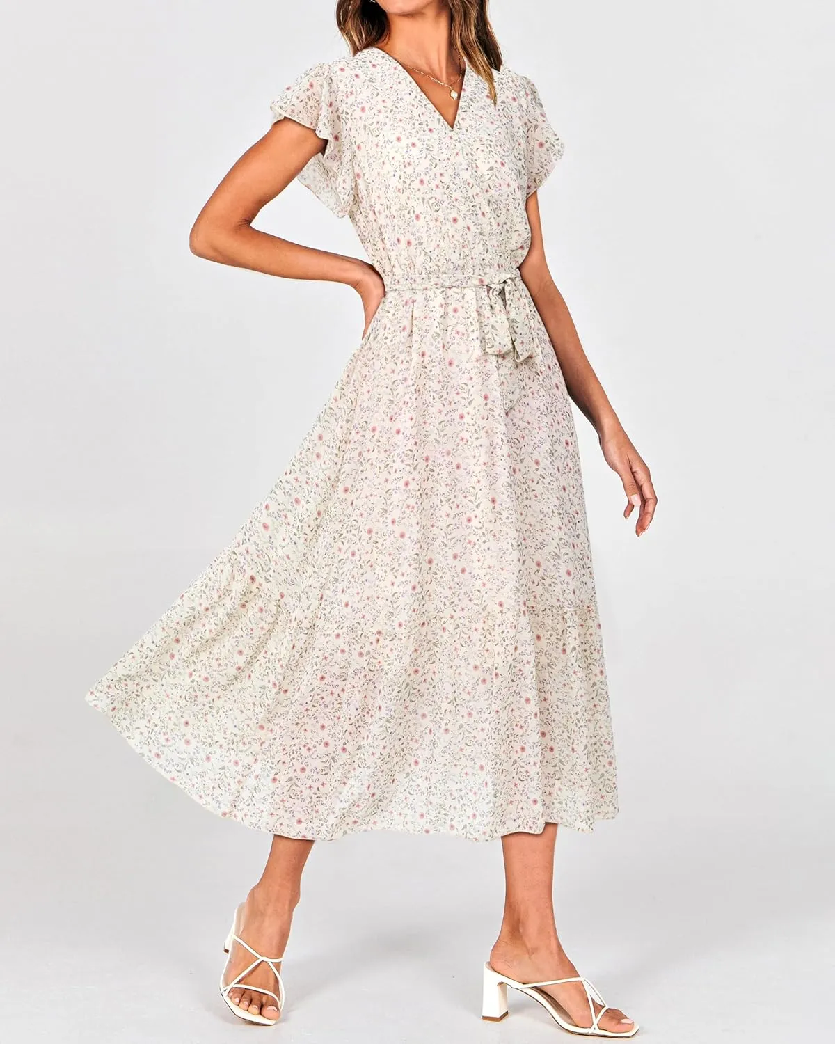BTFBM Women Summer Bohemian Floral Casual Wrap V Neck Ruffle Cap Sleeveless Belt A-Line Pleated Hem Midi Sun Dress White