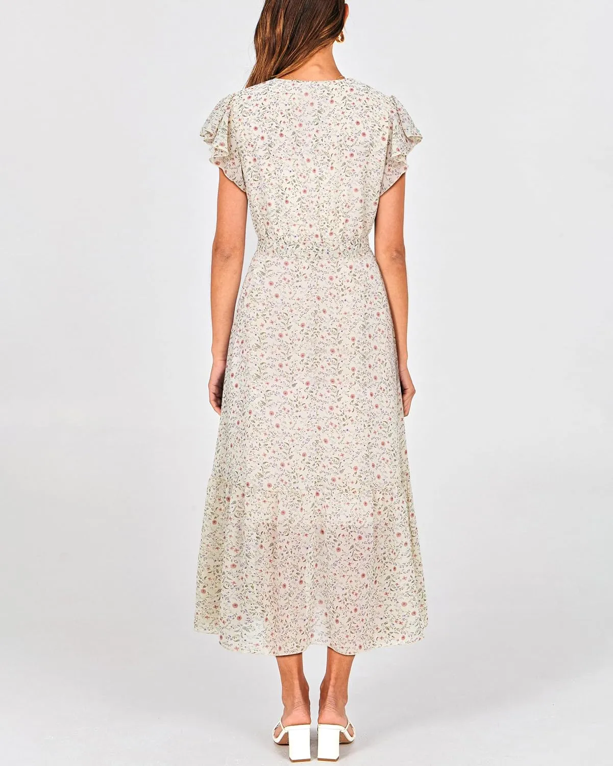 BTFBM Women Summer Bohemian Floral Casual Wrap V Neck Ruffle Cap Sleeveless Belt A-Line Pleated Hem Midi Sun Dress White
