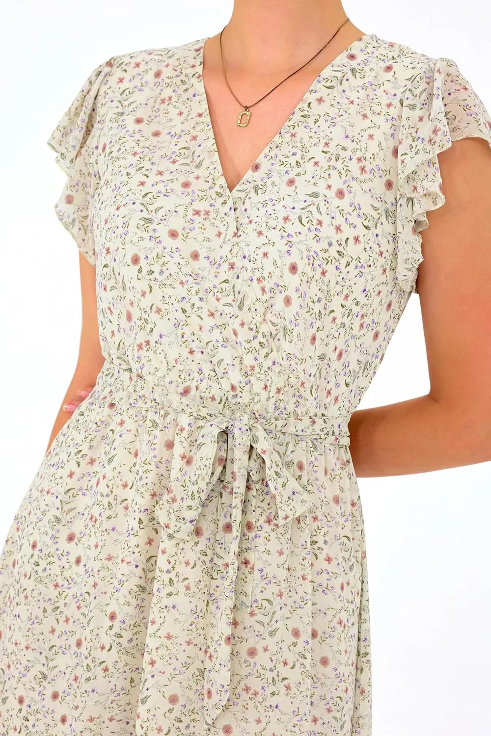 BTFBM Women Summer Bohemian Floral Casual Wrap V Neck Ruffle Cap Sleeveless Belt A-Line Pleated Hem Midi Sun Dress White