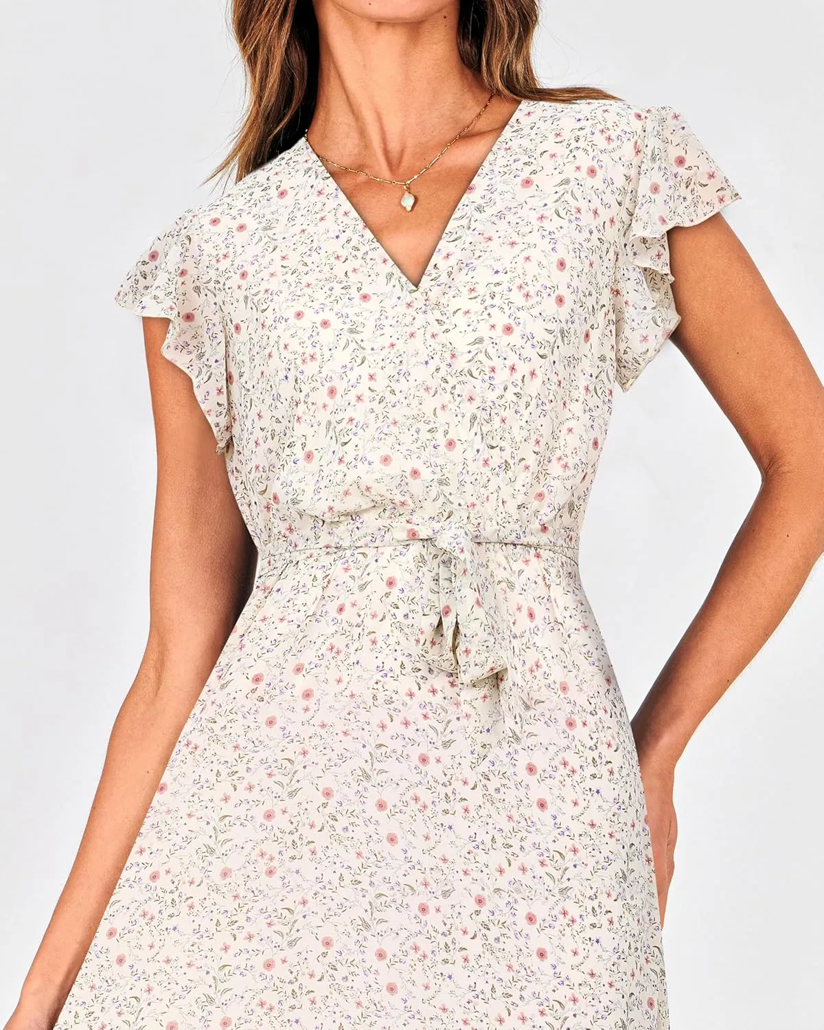 BTFBM Women Summer Bohemian Floral Casual Wrap V Neck Ruffle Cap Sleeveless Belt A-Line Pleated Hem Midi Sun Dress White