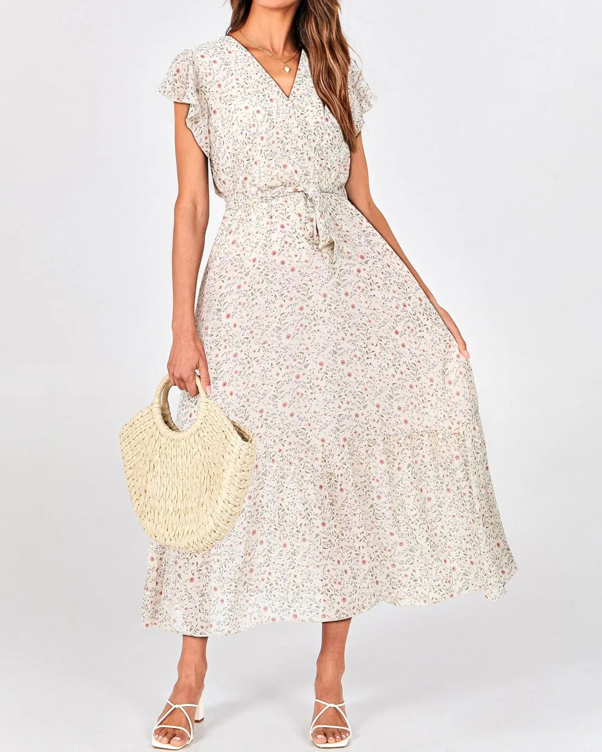 BTFBM Women Summer Bohemian Floral Casual Wrap V Neck Ruffle Cap Sleeveless Belt A-Line Pleated Hem Midi Sun Dress White