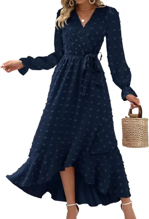 BTFBM Womens Boho Cocktail Maxi Dress Fall Fashion 2025 V Neck Long Sleeve Swiss Dot Flowy Slit Wedding Guest Dresses