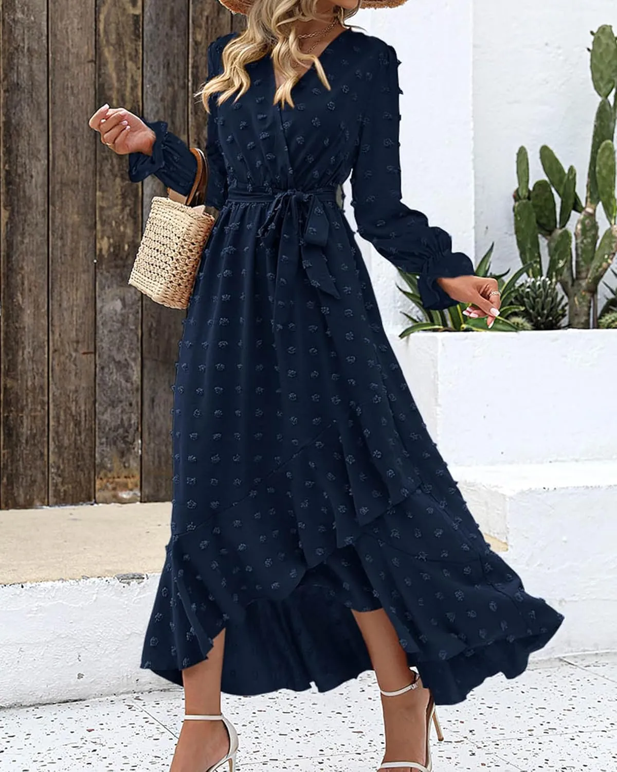 BTFBM Womens Boho Cocktail Maxi Dress Fall Fashion 2025 V Neck Long Sleeve Swiss Dot Flowy Slit Wedding Guest Dresses