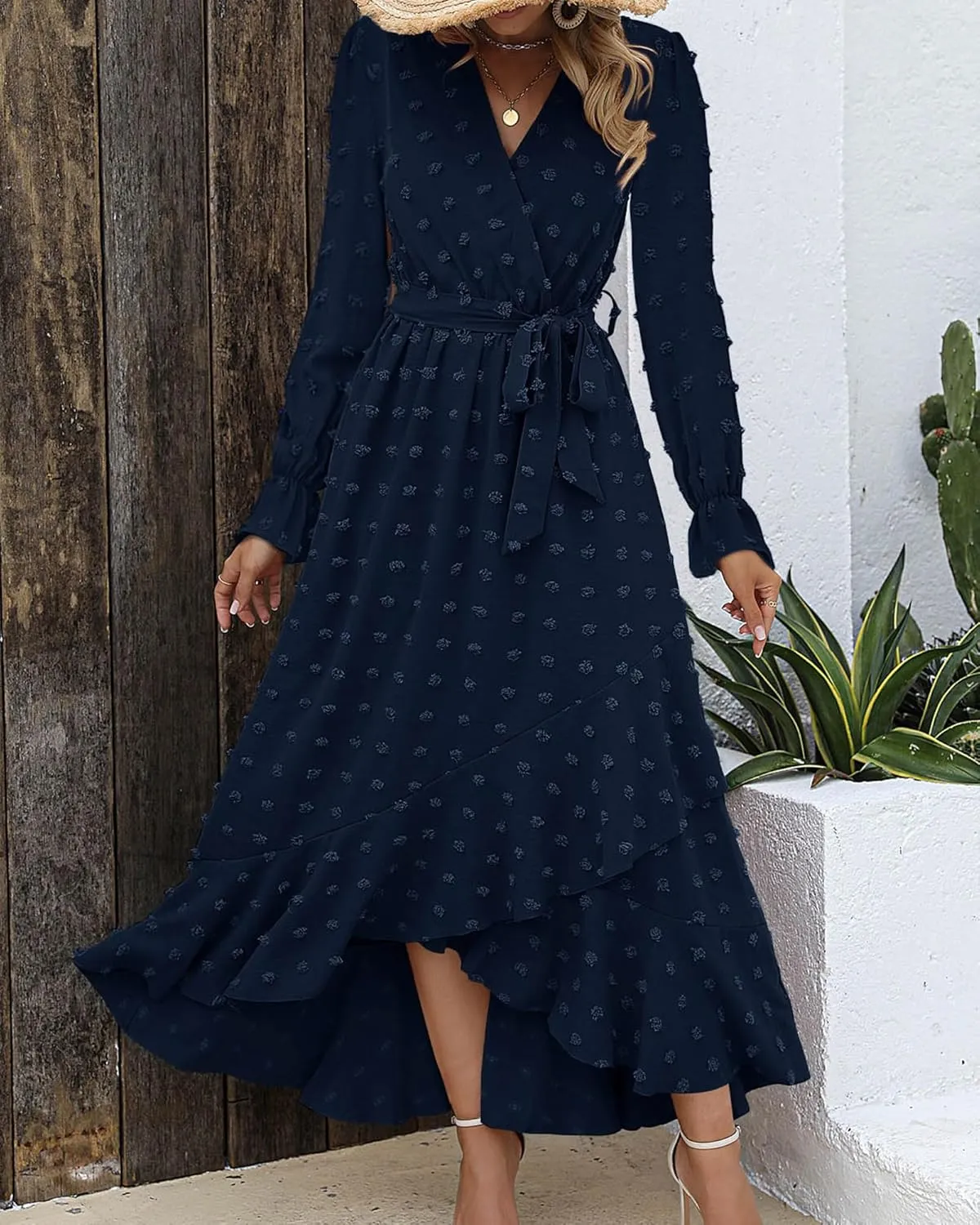 BTFBM Womens Boho Cocktail Maxi Dress Fall Fashion 2025 V Neck Long Sleeve Swiss Dot Flowy Slit Wedding Guest Dresses