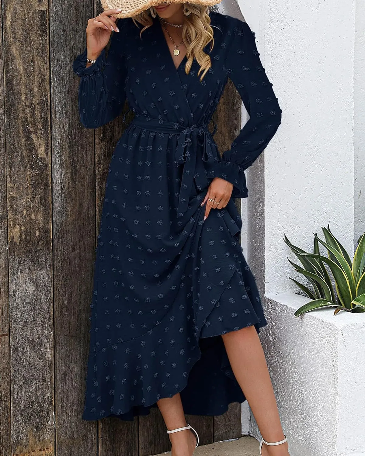 BTFBM Womens Boho Cocktail Maxi Dress Fall Fashion 2025 V Neck Long Sleeve Swiss Dot Flowy Slit Wedding Guest Dresses