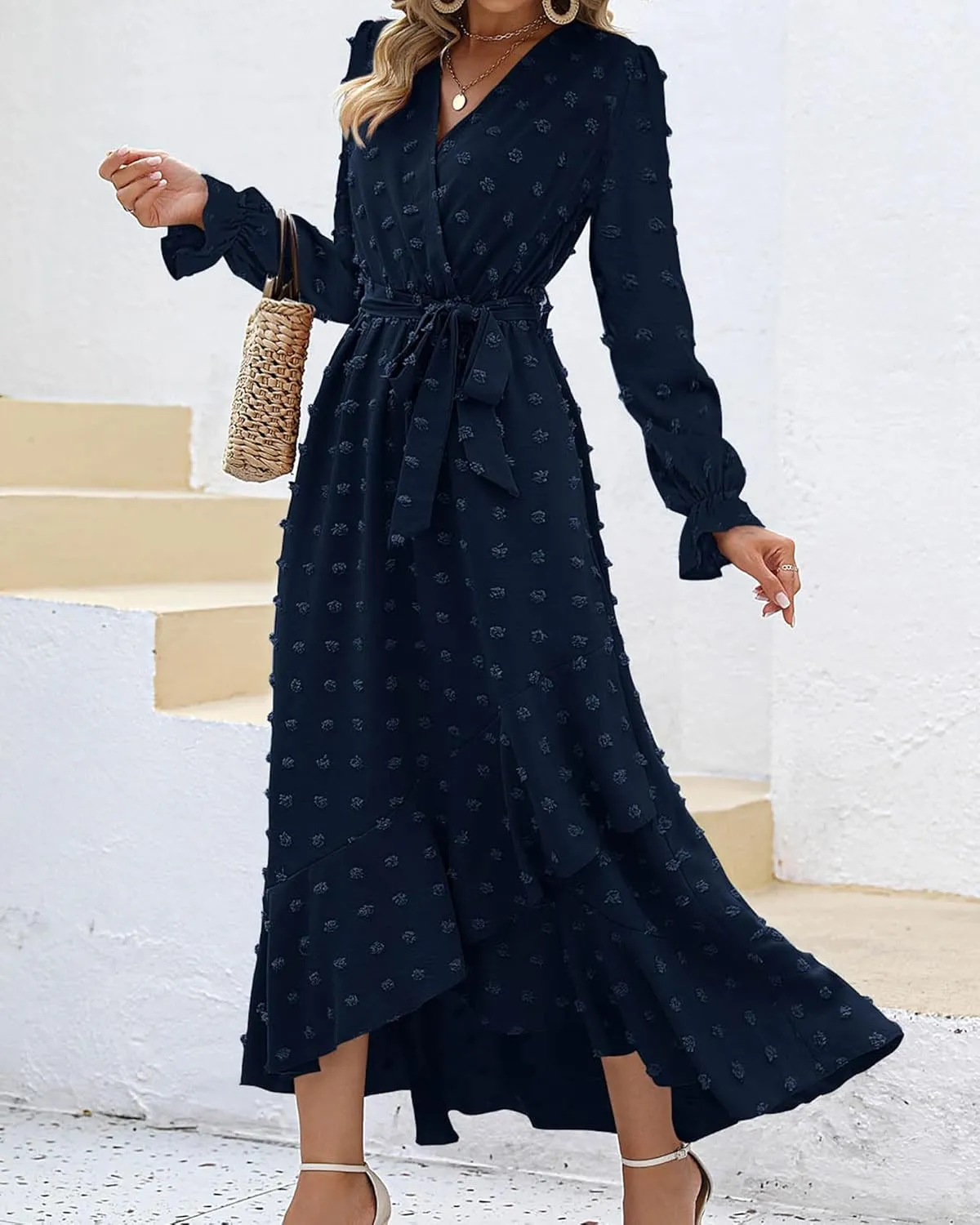 BTFBM Womens Boho Cocktail Maxi Dress Fall Fashion 2025 V Neck Long Sleeve Swiss Dot Flowy Slit Wedding Guest Dresses