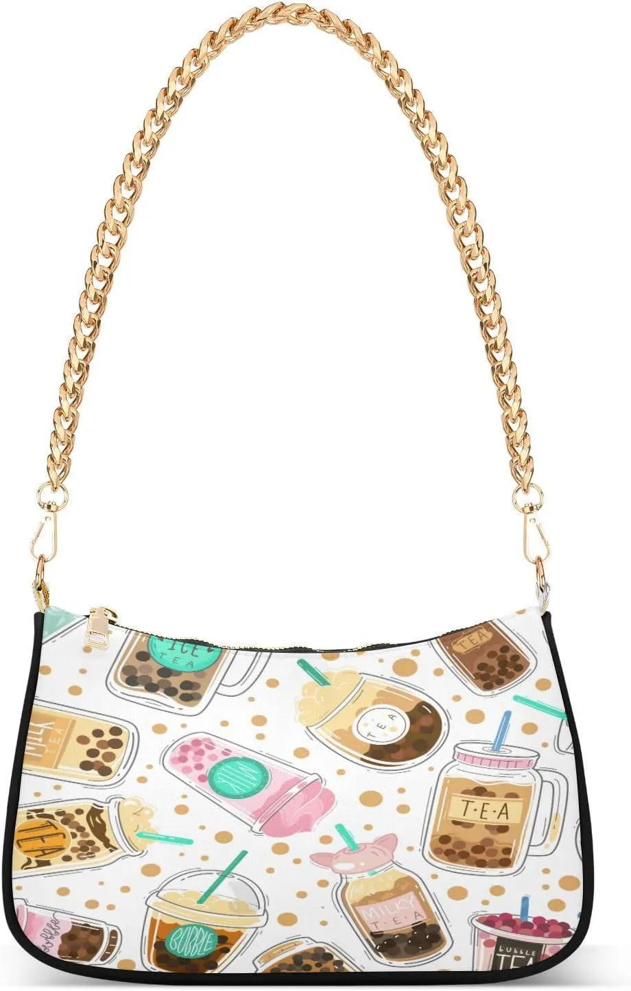 Bubble Boba Balls Pearl Milk Tea Womens Shoulder Bag for Women Girls Hobo Tote Handbag Gold Chain Crossbody Bag with Zipper Clutch Purse Handbags