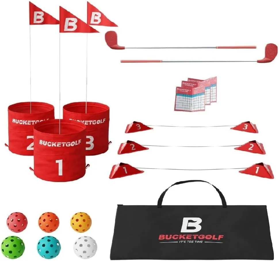bucketgolf Original Game 3 Hole Travel Set with Clubs - #1 New Backyard Golf Game for The Yard and All Ages Adults and Kids. Beach, Park, School. (1 Right   1 Left Club)