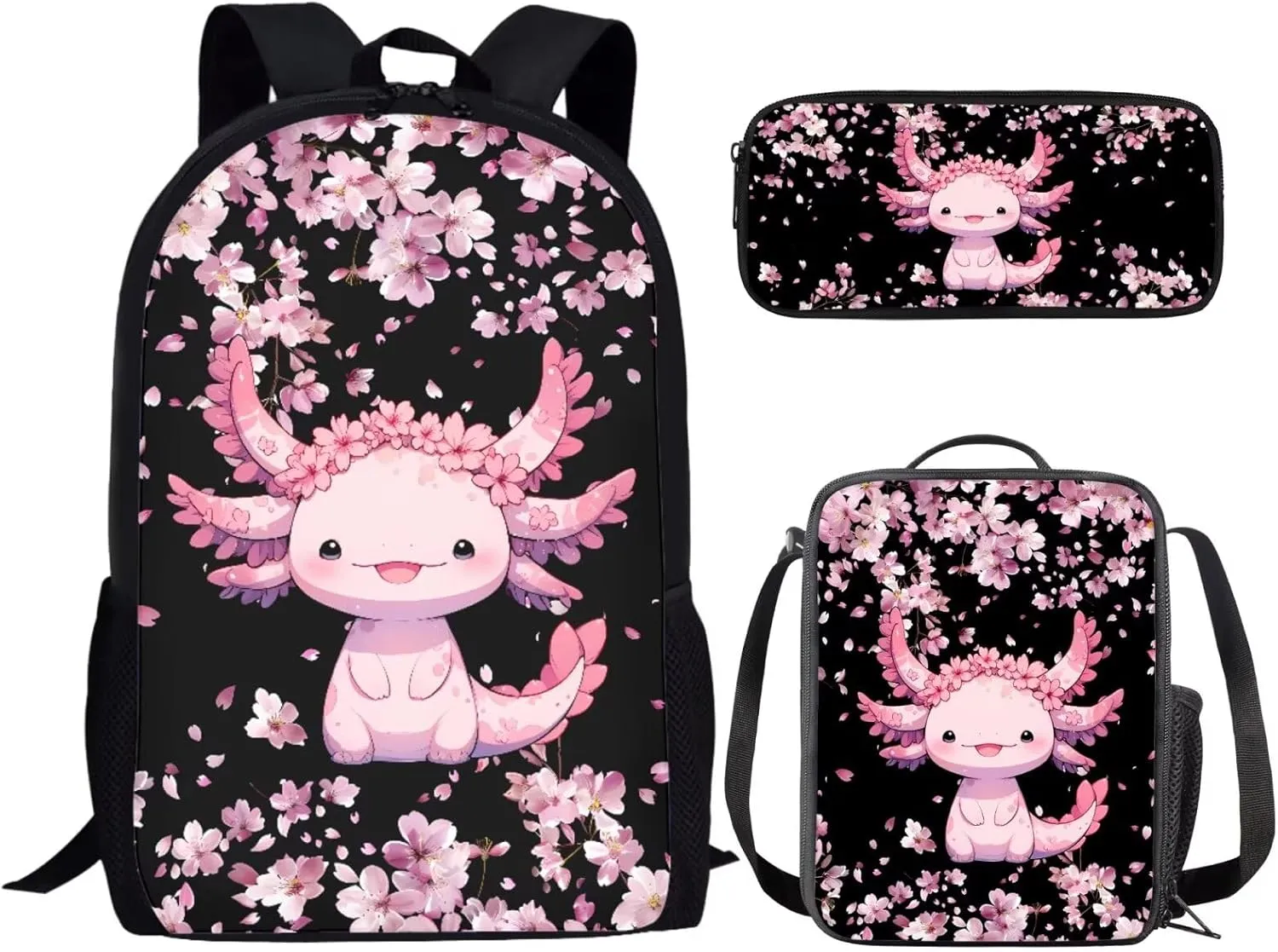 Bulopur Girls Axolotl Backpack with Lunch Box and Pencil Case Set Cherry Blossom Bookbag for Kindergarten Girls Travel Backpack Elementary School Students Book Bag with Laptop Compartment